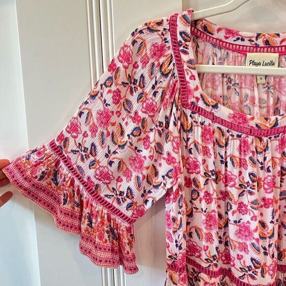 Playa Lucila Women’s Small Drop Waist Mini Dress in Multi Pink Floral Ruched - Picture 4 of 15